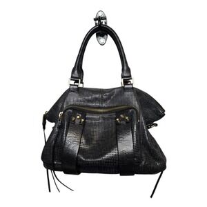 She + Lo Black Perforated Leather Moto Satchel Bag Gold Hardware Multi Pocket